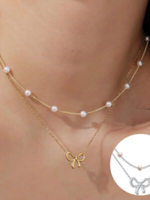 Simple Pearl Double Layer Choker Fashion Gold Color Necklaces Chain Small Bow Pendant Necklace Jewelry Gifts For Women Fashion Jewelry Valentine's Day Gifts